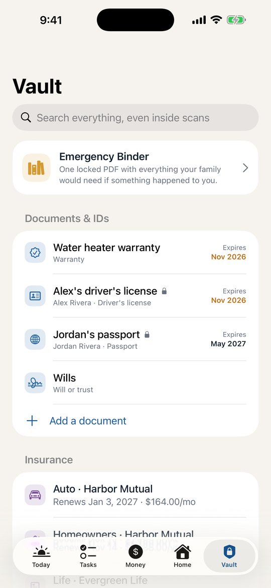 Vault: the Emergency Binder, IDs with expiration dates, and insurance policies.